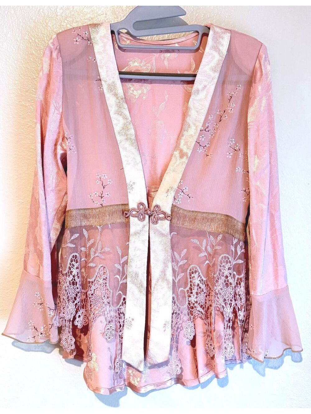 Whimsigoth Fairycore Pink Silk Satin Lace Kimono Set Like Spencer Alexis Size 6P
